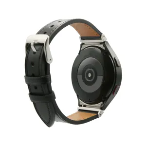 Replacement black genuine leather strap with silver metal buckle for smartwatches.