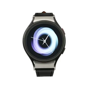Smart watch with genuine leather strap and round metal case, modern digital dial style.