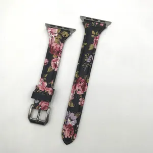 Floral leather watch strap for Apple Watch slim waist replacement band women floral design stylish