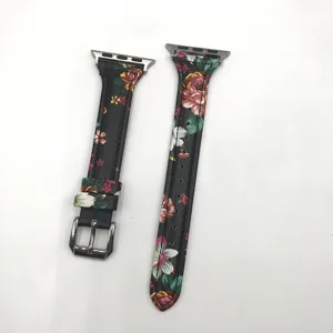 Detailed view of women slim floral genuine leather watch strap replacement for smart watch