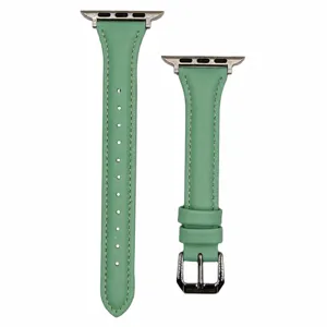 Slim waist leather watch strap detail view, elegant grass green design for smart watch.