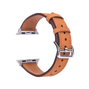 Replacement leather watch strap compatible with Apple Watch, premium brown genuine leather band.
