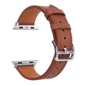 Brown genuine leather watch strap detail view, compatible with smart watch, premium metal buckle.