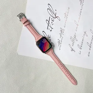 Pink leather slim waist strap compatible with Apple Watch, elegant replacement band for women.