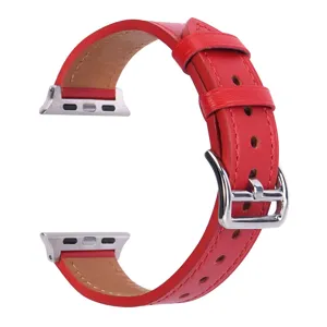 Red leather watch strap detail shot, premium replacement band for smart watch accessories.