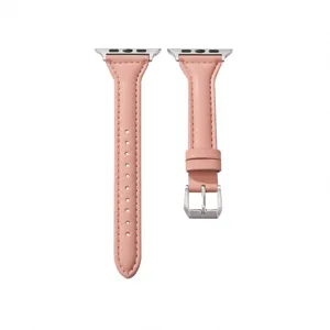 Pink leather slim waist replacement watch strap compatible with smartwatches, stylish design.