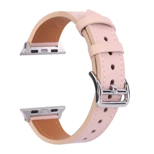 Pink genuine leather watch strap detail view, compatible with smart watch, elegant accessory design.