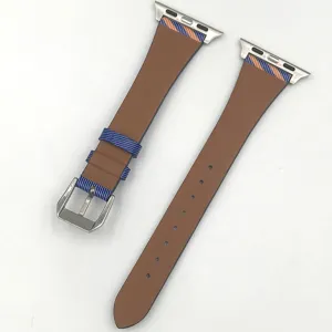 Slim waist leather watch strap compatible with Apple Watch, stylish design with metal connector.