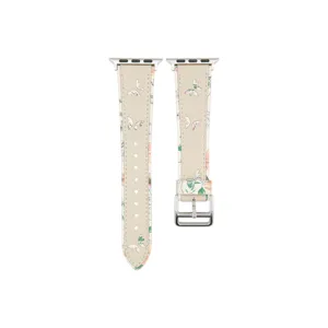 Bracelet de montre en cuir pour Apple Watch, imprimé papillon floral beige élégant.