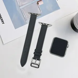 Slim genuine leather Apple Watch strap replacement band in classic black for daily wear.