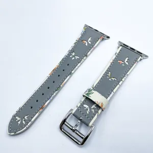 Bracelet de montre en cuir avec imprimé papillon compatible Apple Watch gris de rechange.