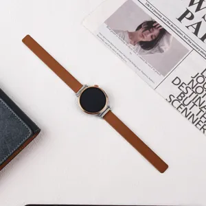 Detail view of premium brown leather smart watch replacement strap with metal connectors.
