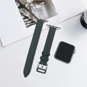 Slim genuine leather watch band compatible with Apple Watch, stylish and elegant daily wear.