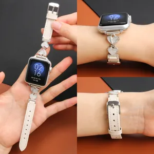 Replacement leather watch band with cute heart metal charms compatible with Apple Watch.