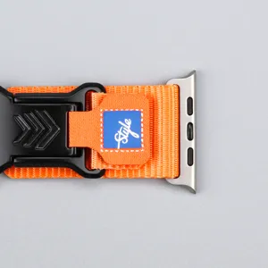 Orange nylon watch band with metal adapter and buckle for Apple Watch, durable outdoor strap.