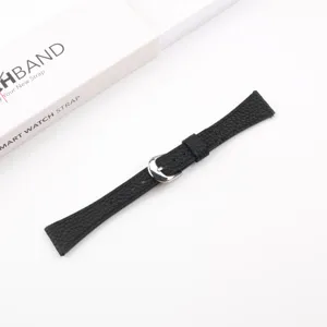 Black litchi pattern leather watch strap detail view, elegant silver buckle design.
