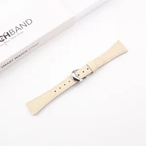 Beige leather watch strap with silver buckle, compatible with smartwatches, elegant and durable.