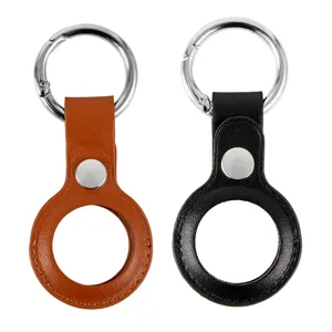 Leather protective case for Apple AirTag, metal ring key chain, black and brown style.