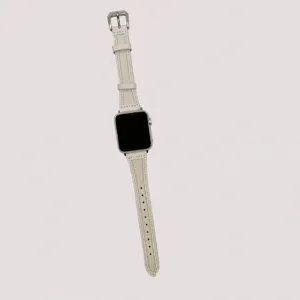 Slim waist leather canvas watch strap detail view, compatible with Apple Watch, beige.