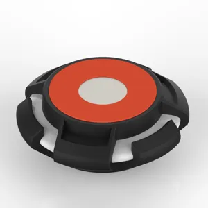 Magnetic protective case detail view for AirTag, black and red precision crafted design.