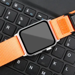 Orange nylon watch band detail view, compatible with smart watch, magnetic buckle design.