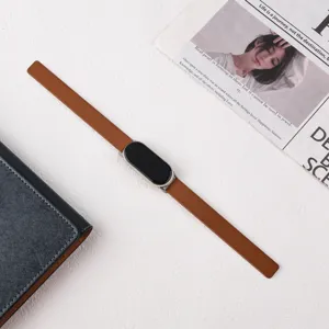 Slim brown leather magnetic replacement smart watch strap detail view, elegant and durable design.
