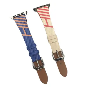 Replacement watch bands compatible with Apple Watch, nylon leather strap with stripe design.