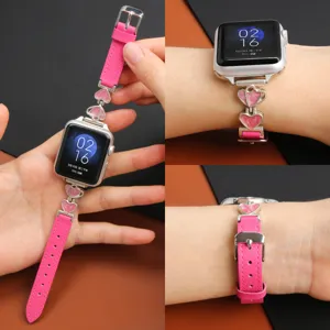 Pink leather heart charm metal watch band strap replacement for Apple watch series.