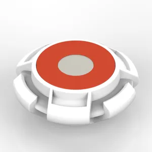 Magnetic protective case detail shot for Apple AirTag, white and red circular tracker holder.