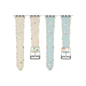 Bracelet de Montre en Microfibre Minimaliste Pour Apple Watch Série 8 7 6 SE Motif Papyrus Floral En Cuir Remplacement