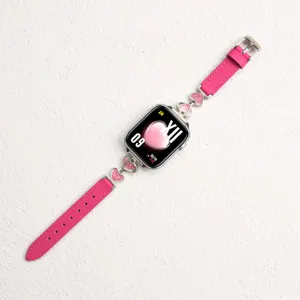 Pink leather heart metal replacement strap for Apple Watch Series 10 9 8 smartwatches.