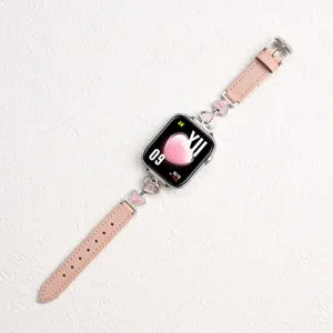 Pink leather metal heart watch strap replacement accessory detail view for smart watch