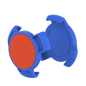 Magnetic AirTag protective case detail view showing blue and red durable plastic holder design.