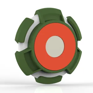 Detailed view of the magnetic protective case featuring green frame and orange disc design.