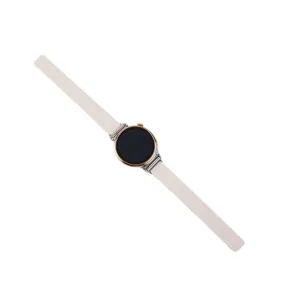 Smart watch with circular dial and light leather magnetic strap for daily wear.