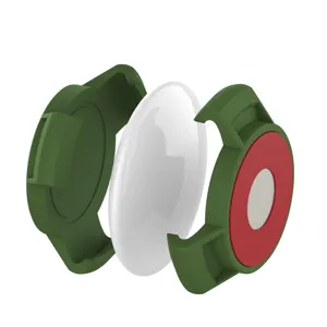 Detailed exploded view of green magnetic protective case designed for Apple AirTag tracker.