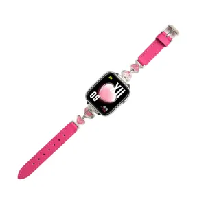 Pink leather watch strap with metal heart design compatible with Apple Watch Series Ultra SE