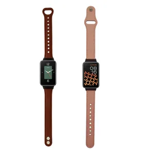 Premium leather replacement strap for Xiaomi Smart Band 7 Pro with secure metal button clasp.