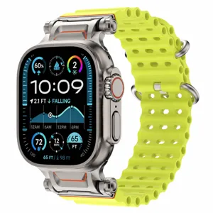Replacement silicone watch strap with metal connector for Apple Watch Ultra, breathable neon yellow.