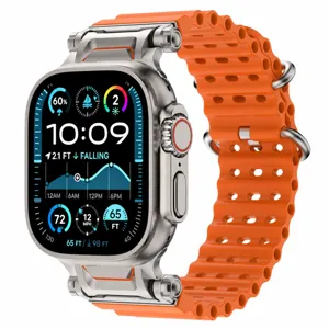 Silicone breathable strap detail for Apple Watch Ultra with mecha metal connector, orange.