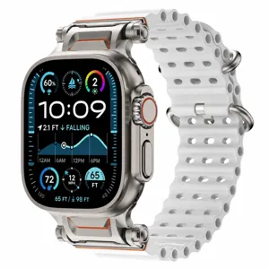 Silicone ocean strap with metal connector for Apple Watch Ultra, breathable perforated design.