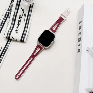 Bracelet de montre en silicone et cuir de rechange compatible Apple Watch, rouge blanc.