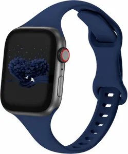Detail view of solid color dark blue silicone replacement watch strap for Apple watch daily wear