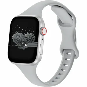 Silicone watch strap detail shot, showing soft grey texture, flexible design and comfortable wear.