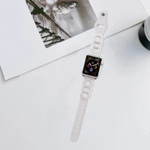 Stylish white leather three-ring chain watch strap compatible with Apple Watch, trendy design.