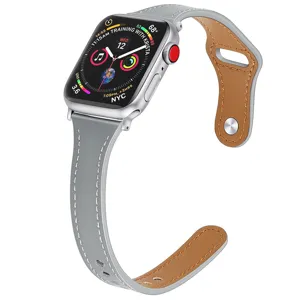 Genuine leather strap compatible with Apple Watch, stylish dual-color design with metal button.