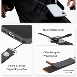 Magnetic nylon crossbody phone lanyard compatible with iPhone 17, adjustable strap.