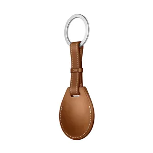 Premium brown leather keychain protective case holder compatible with airtag smart tracker loop.