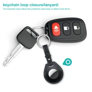 Detail view of the black leather protective case and keychain for AirTag with metal ring.