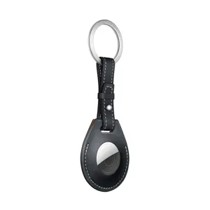 Black leather protective case and keychain for AirTag, premium PU leather with secure metal ring.
